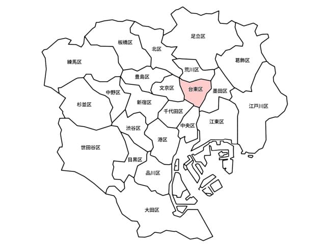 東京23区のMAP（台東区に色）